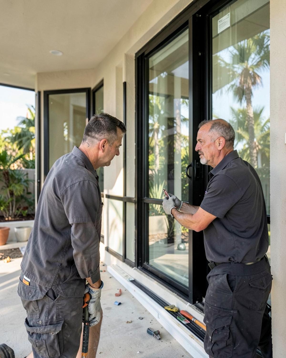Professional installation team aligning a window system
