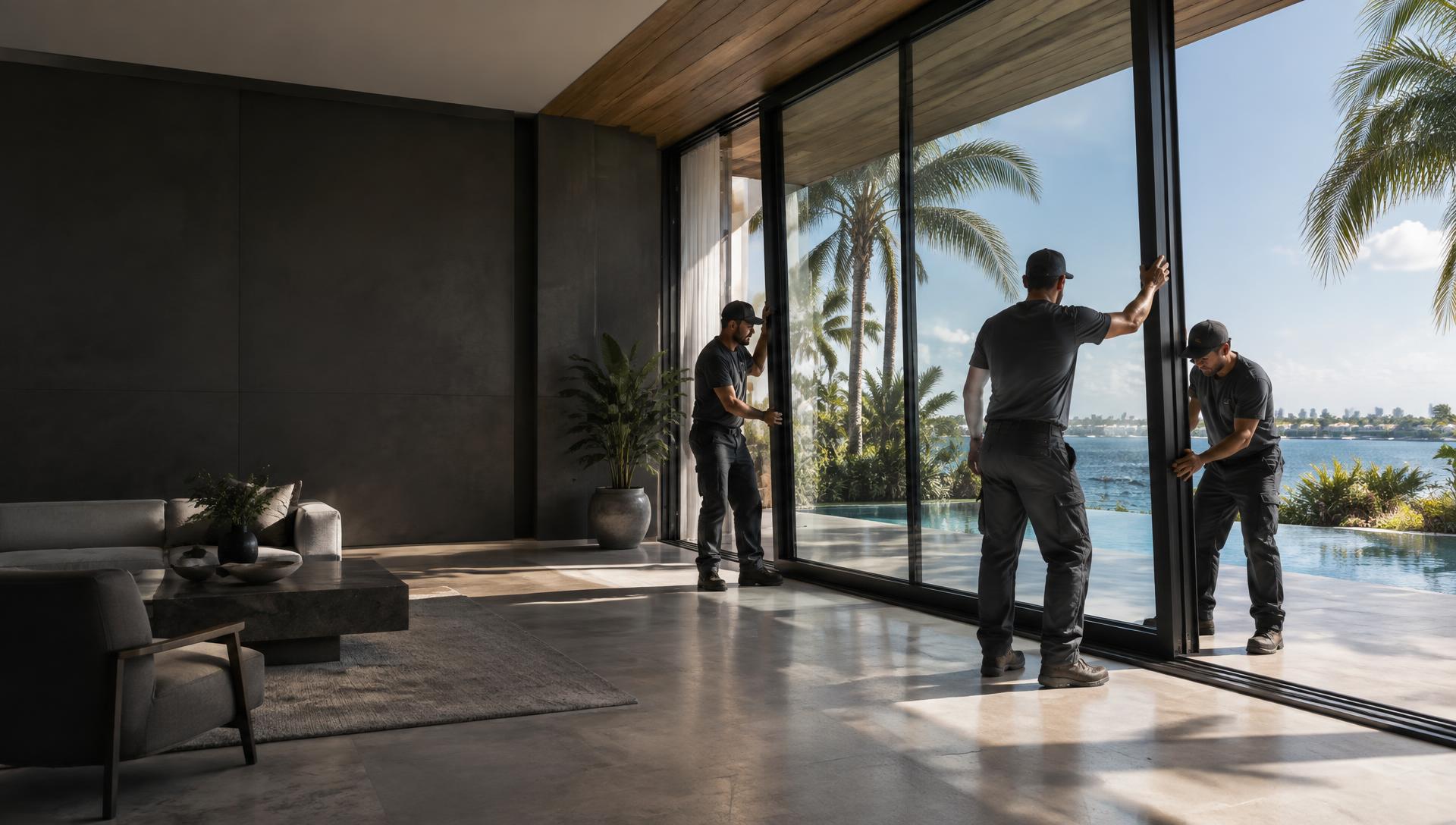 Professional crew installing a large sliding glass door in a modern Florida residence